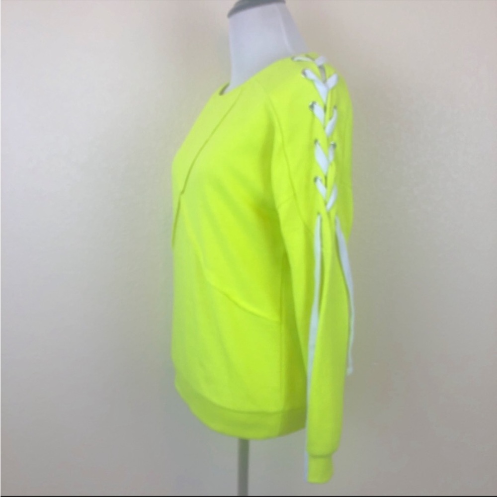 K. Jordan Neon Yellow Sweatshirt with White Lace Up Shoulder Detail - Size Small